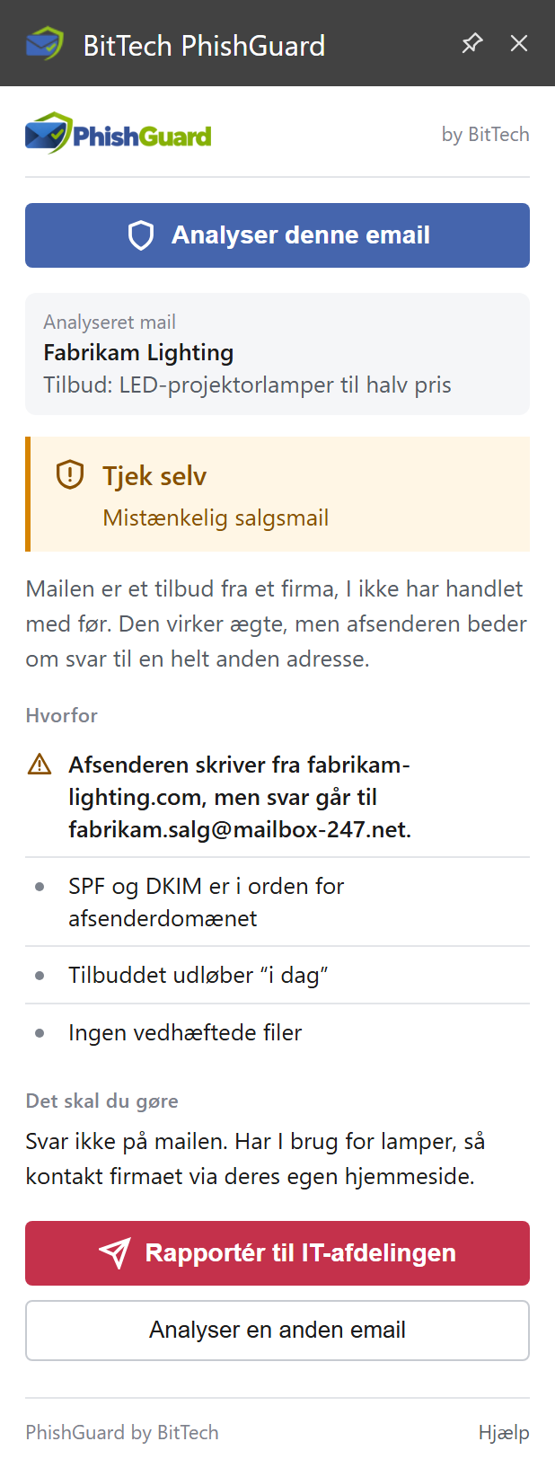 PhishGuard advarer om en mistænkelig salgsmail, hvor afsenderadressen og svaradressen er forskellige.