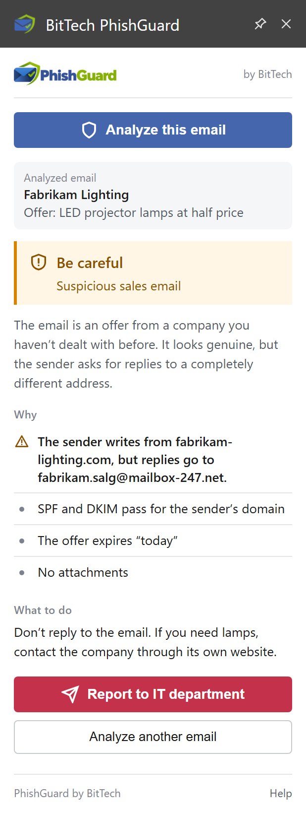 PhishGuard warns about a suspicious sales email where the sender and reply-to addresses differ.