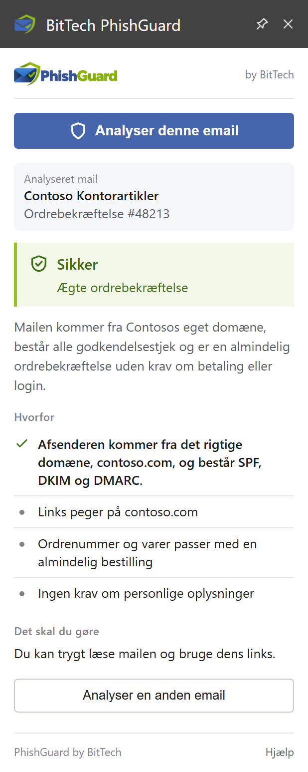 PhishGuard vurderer en ordrebekræftelse som legitim og forklarer, at afsenderen kommer fra det rigtige domæne.