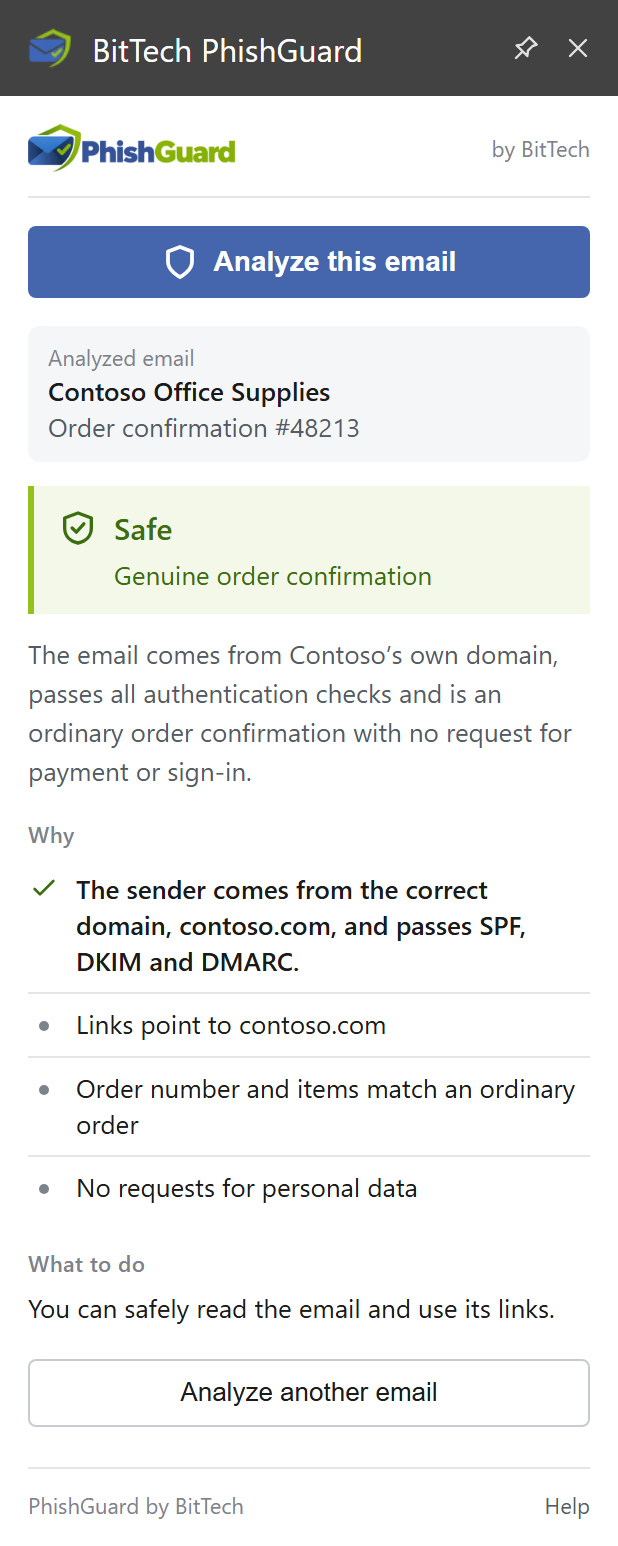 PhishGuard rates an order confirmation as genuine and explains that the sender comes from the correct domain.