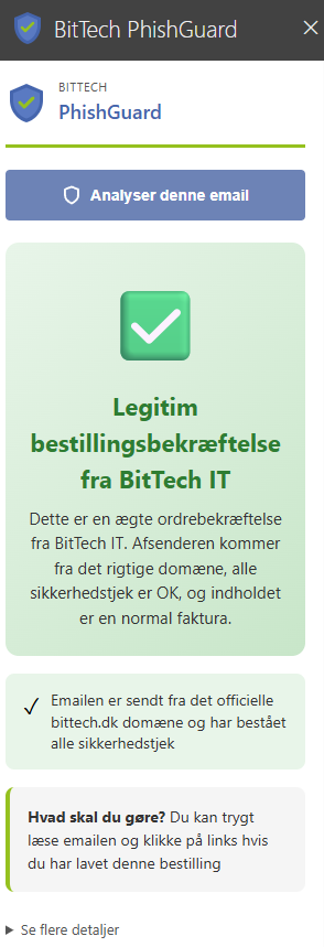PhishGuard vurderer en ordrebekræftelse som legitim og forklarer, at afsenderen kommer fra det rigtige domæne.
